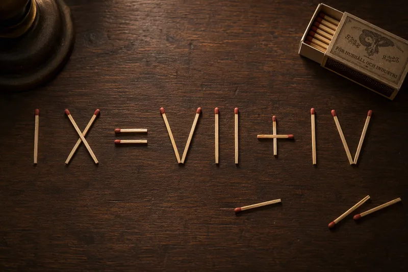 неверное равенство IX = VII + IV из спичек на деревянном столе